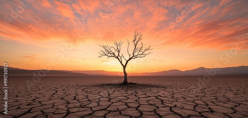 Solitary Sentinel Majestic Dead Tree in Desolate Landscape under Fiery Orange Sky - Moody Natural Resilience