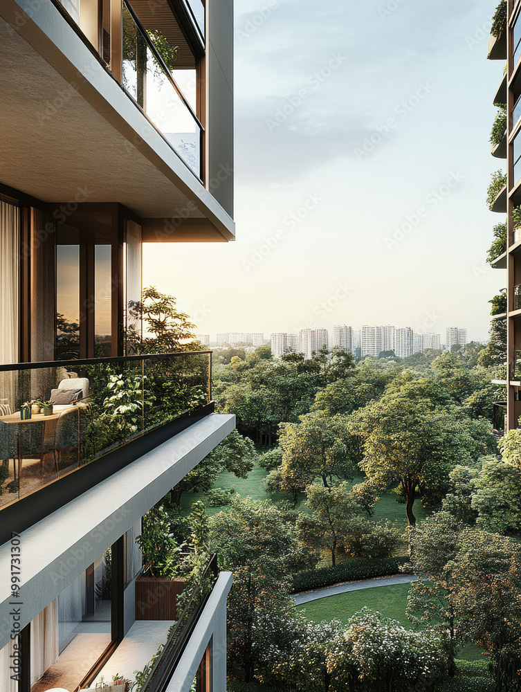 Fototapeta premium Elegant balcony view from a modern apartment with vibrant greenery and a panoramic cityscape in the distance.