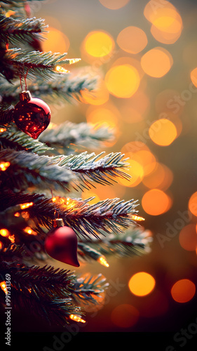 blurry background with lights and christmas tree, red yellow purble orange colors photo