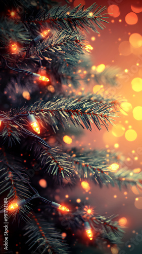 blurry background with lights and christmas tree, red yellow purble orange colors photo