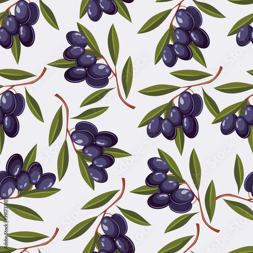 Seamless pattern with black olives. Light background. Vector.