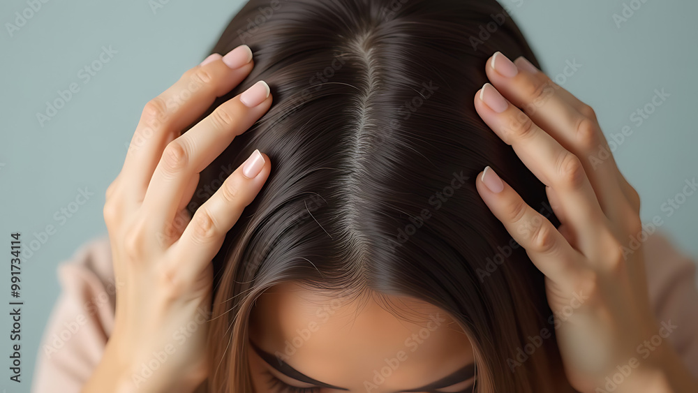 Obraz premium woman with headache. A close-up of a woman's hands touching her hair shows signs of thinning and sparse patches on the crown 