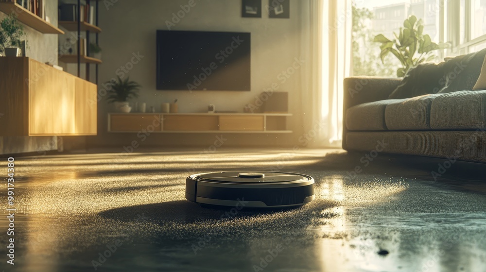 Modern Robot Vacuum Cleaning Stylish Living Room Modern Robot Vacuum Cleaning Stylish Living Room