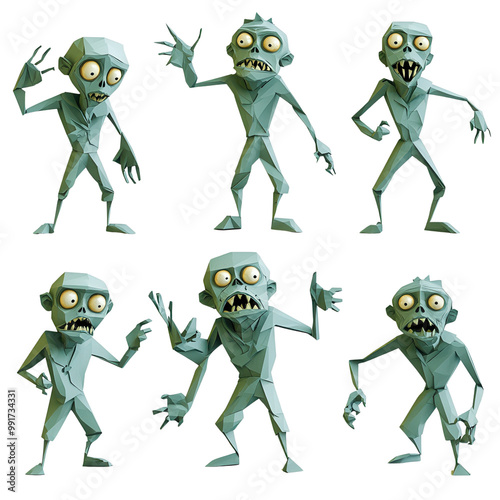 Set of six animated cartoon zombies in various poses, perfect for Halloween and horror-themed designs.