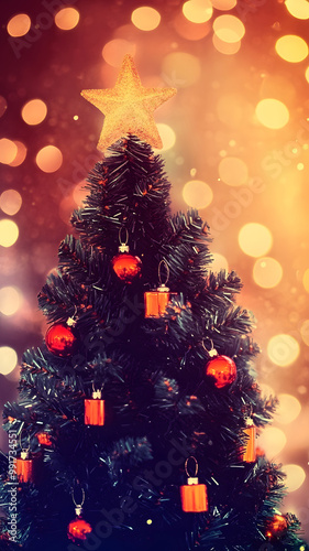 blurry background with lights and christmas tree, red yellow purble orange colors photo