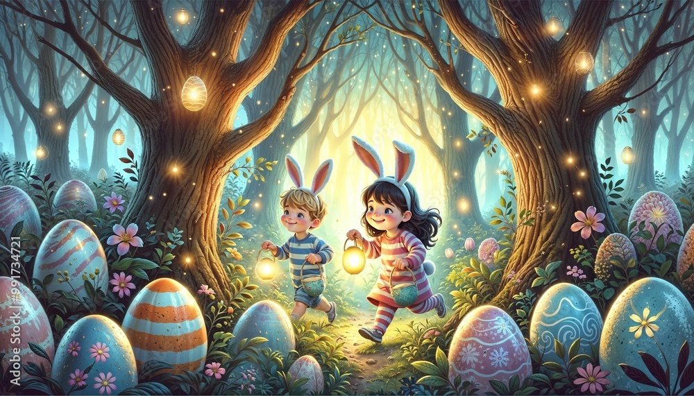 Fototapeta premium Enchanted Forest Easter Egg Hunt, Children with Lanterns, Magical Nighttime Scene