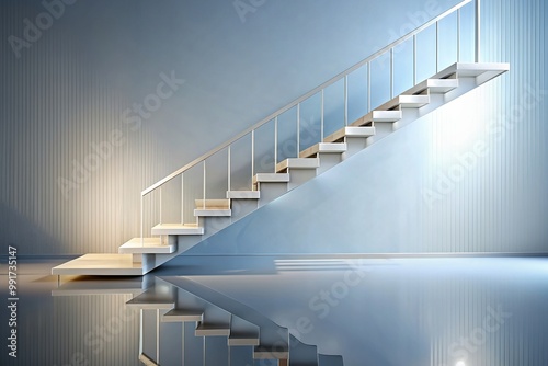 design, light, stylish, interior, symmetry, floor, modern, contemporary, architecture, background, clean, pattern, spacious, hallway, White wooden staircase on a reflective background wall
