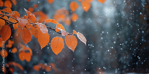 autumn smoothly turning into winter, first snow, blurred bokeh background, fall transition