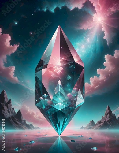 Large, faceted crystal floating above a serene body of water with a surreal, colorful sky in the background, creating a mystical and otherworldly atmosphere, Generative AI.