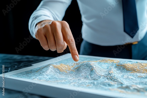 A hyper-realistic shot of a teacher pointing to a detailed map, with the texture of the paper and the fine print of the map visible in high detail photo