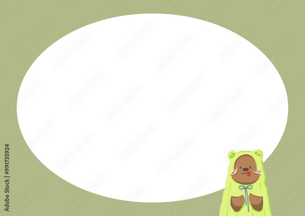 Fototapeta premium a cute teddy bear with green overcoat, green card frame, illustration paper template