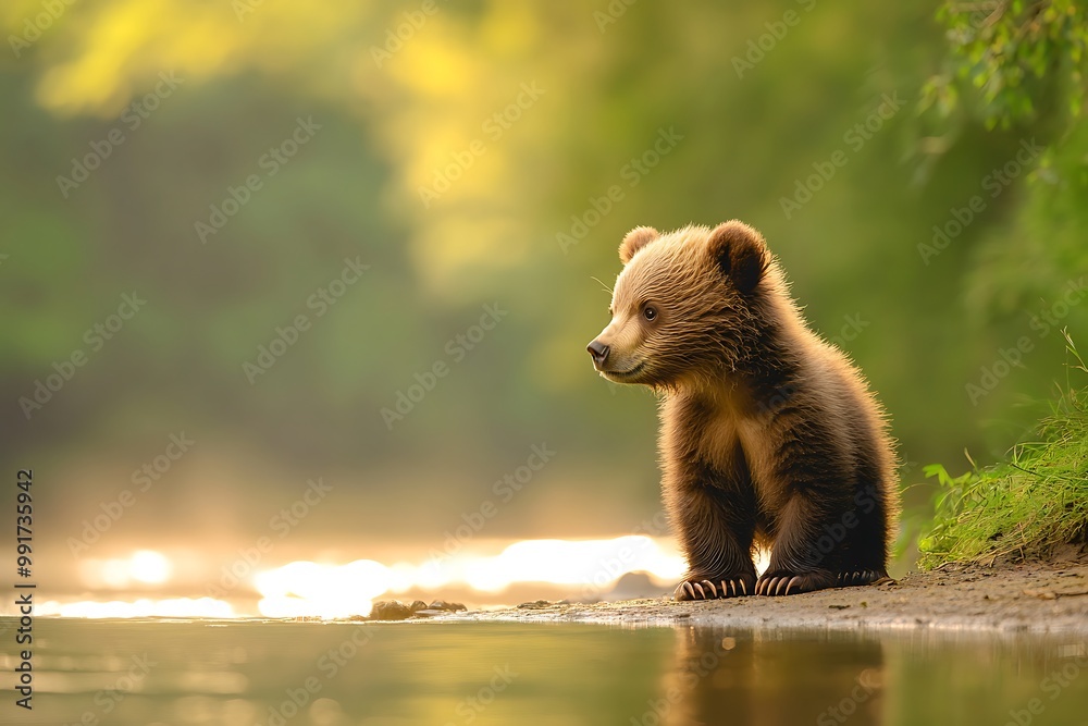 Obraz premium Brown bear cub sitting near water at sunset
