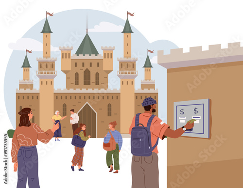 Group of tourists, including adults and children, buy tickets from an automated machine to enter a medieval castle. Ideal for travel, tourism, historical sites, family vacations, modern ticketing
