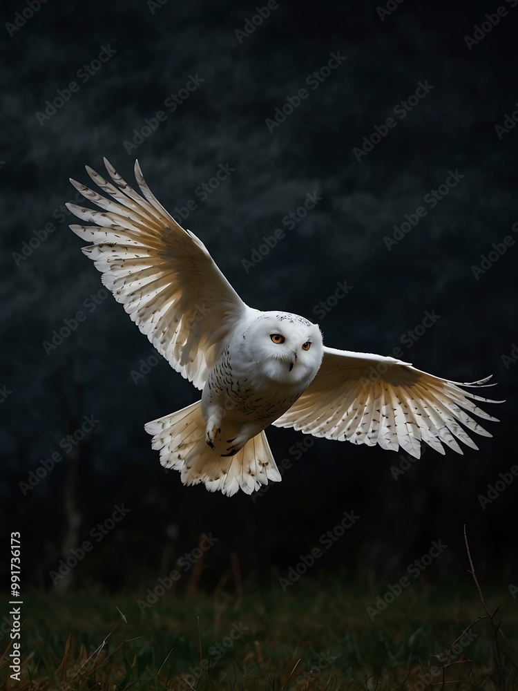 Majestic white owl hunting against a dark backdrop. Majestic white owl hunting against a dark backdrop.