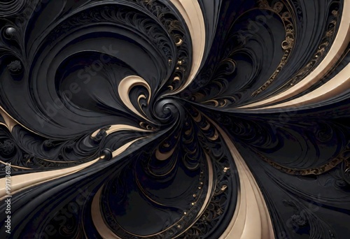 Complex swirl of cream and black colors creating a flowing, elegant pattern with depth and texture, Generative AI.