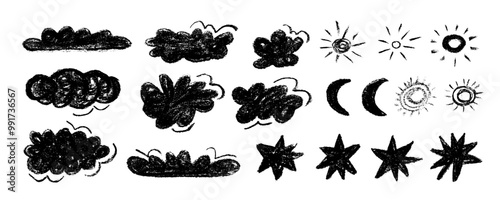 Cute crayon drawing kids style clouds, sun and moon, stars and rain drops. Hand drawn doodle clouds set collection with charcoal texture. Various pencil childish icons, weather elements