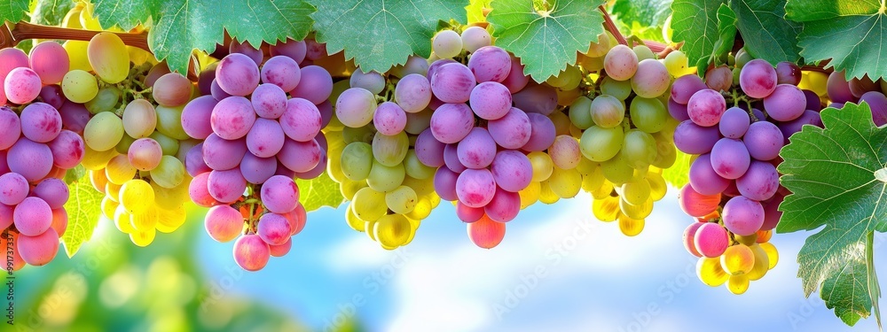Εκτύπωση καμβά Vibrant clusters of ripe grapes hanging from vines in a sunlit vineyard on a war