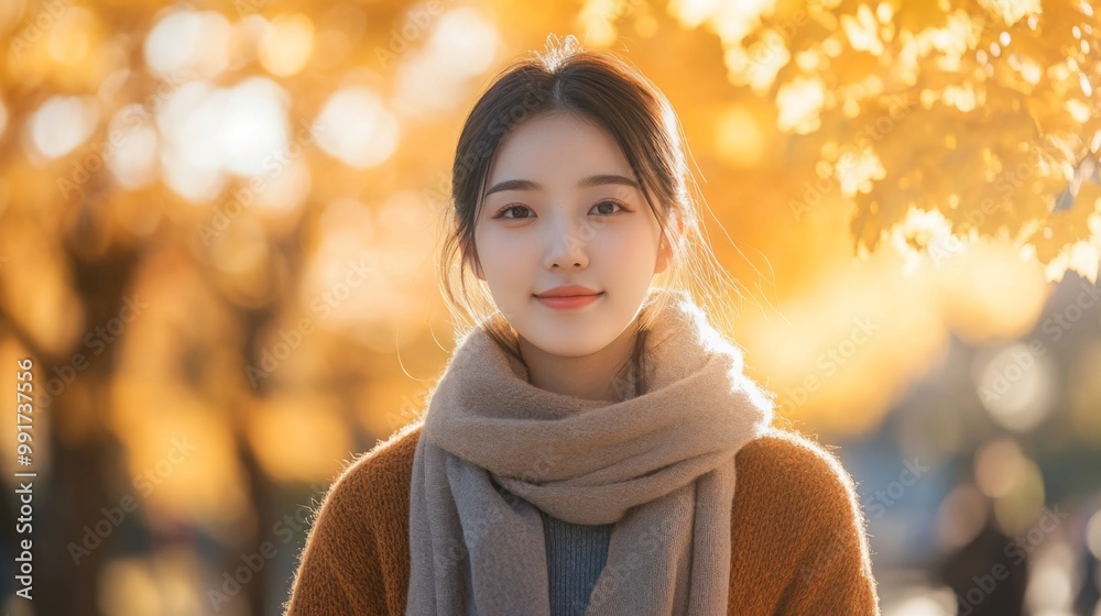A young woman enjoys the serene park atmosphere, surrounded by bright yellow and orange leaves. She wears a warm scarf and a cozy sweater, capturing the essence of a beautiful autumn afternoon.