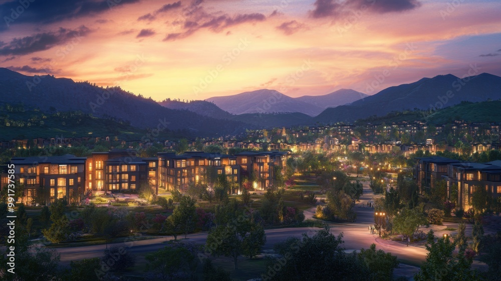 A broad-angle view during dusk with illuminated buildings in the foreground, green mountains behind