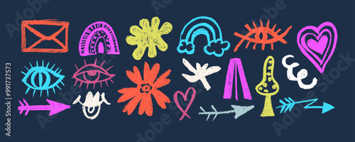 Vector set with colorful various geometric trendy shapes. Bold brush drawn objects ornament. Arrow, circles, eyes, swirls, asterisk and curved bold lines. Hand drawn abstract pattern.