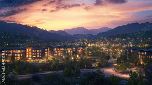 A broad-angle view during dusk with illuminated buildings in the foreground, green mountains behind