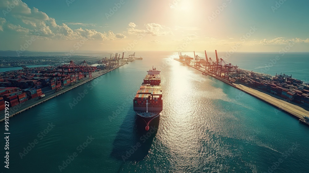 Naklejka premium Massive Cargo Ship Navigating Busy Port