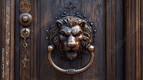 Ornate Lion Head Door Knocker on Wooden Door