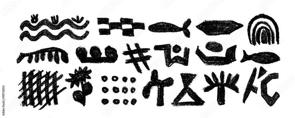 Naklejka premium Collection with african, aztec pattern elements, symbols, icons, hand-drawn in doodle style. Set of abstract african tribal geometric shapes. Ancient ethnic traditional symbols and ornate signs. 