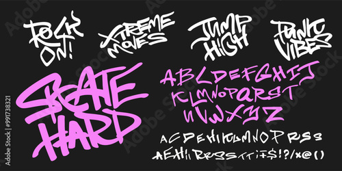 Youthful font with skater quotes. Marker graffiti street art font dynamic bold strokes, spirited expressive headline, youth urban vibe. Art typo design. Vector typeset