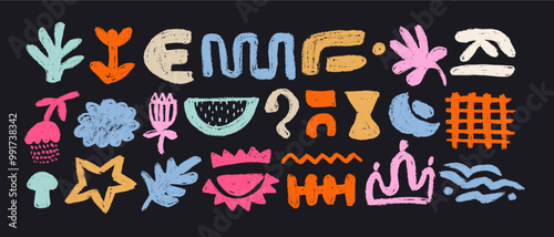 Set with african, aztec pattern elements, symbols, icons, hand-drawn in doodle style. Set of abstract african tribal geometric shapes, ancient ethnic traditional symbols and ornate signs.