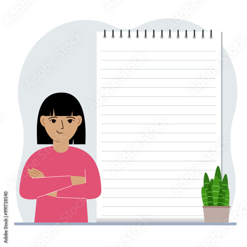 Little girl next to a large notepad or large notebook. The concept of filling a notebook, writing notes.