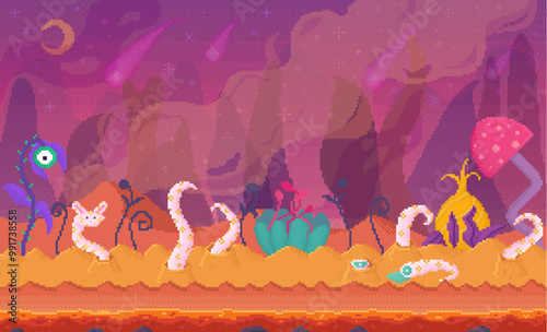 A vibrant and surreal alien landscape filled with unusual plants, creatures with tentacles, and floating elements in a mix of purple, pink, and orange hues. Ideal for fantasy themes, sci-fi settings