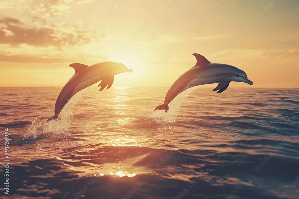 Two dolphins jumping out of the water at sunset Two dolphins jumping out of the water at sunset