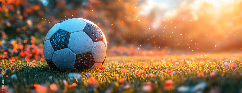 A Soccer Ball Resting on Vibrant Green Grass, Surrounded by Glowing Lights and a Colorful Holiday Atmosphere, Symbolizing Joy, Fun, and Excitement in Sports, Perfect for Celebrations and Outdoor Activ A Soccer Ball Resting on Vibrant Green Grass, Surrounded by Glowing Lights and a Colorful Holiday Atmosphere, Symbolizing Joy, Fun, and Excitement in Sports, Perfect for Celebrations and Outdoor Activ