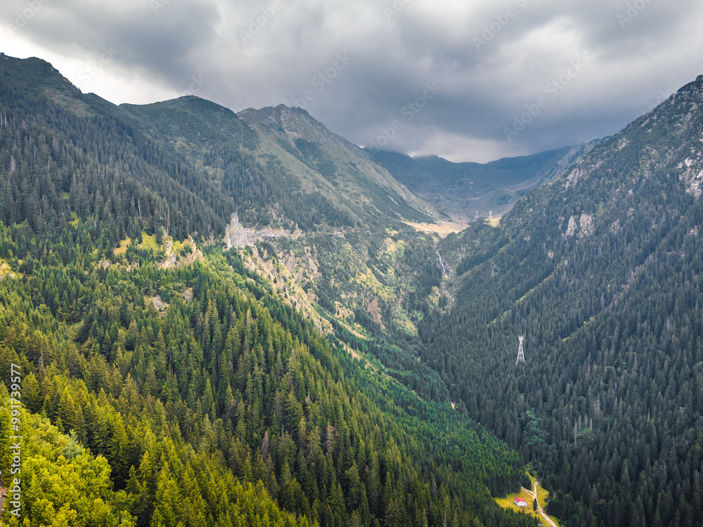 Fototapeta premium Stunning aerial shot of Romania’s Transfagarasan road nestled in green, misty mountains.