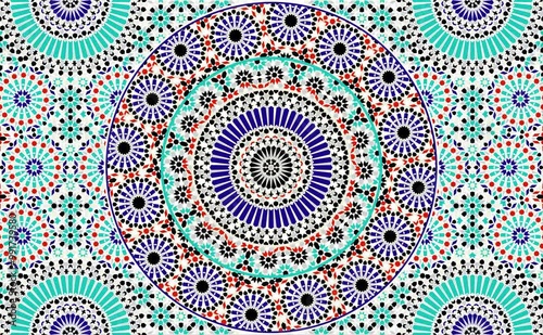 Moving hypnotic Arabic pattern mosaic video illustration, on a mosaic background. Seamless spiral and slow rotation. Red, blue and turquoise colors. Video animation vector 4K  