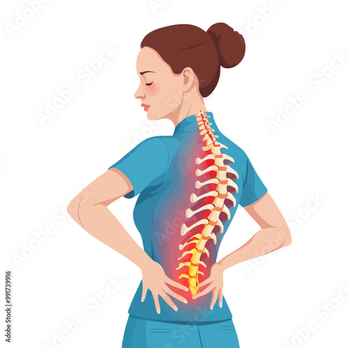 A woman with back pain, spinal pain and chronic discomfort, seeking relief. PNG
