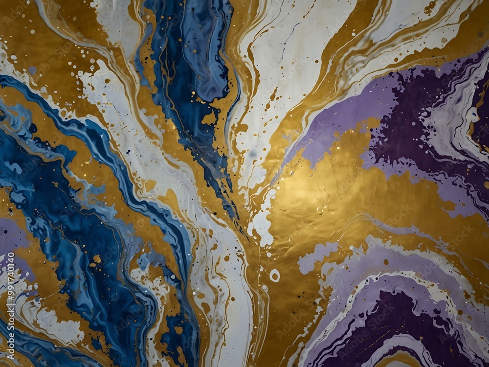 Marbled texture in gold, blue, purple, and white. Marbled texture in gold, blue, purple, and white.