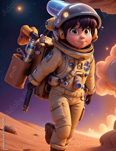 Cute astronaut in a space suit, exploring an alien planet with vibrant colors and whimsical elements, Generative AI.