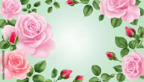 The background is a postcard with lush soft pink open roses on a light background with a place set aside for writing text or pictures. greeting card