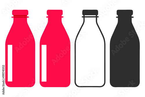 Set of isolated glass and plastic drink bottles with caps