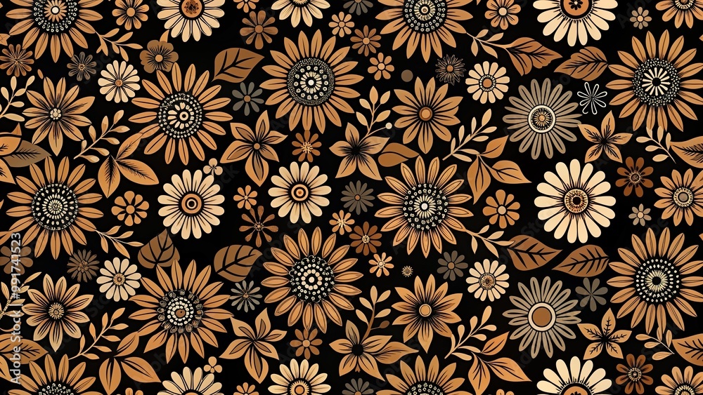 Fun and playful black and brown floral repeat pattern reflected, wallpaper, retro, elegant, brown, spring, trendy, elegant, summer, modern, chic, whimsical, fun, pattern, vintage, feminine Fun and playful black and brown floral repeat pattern reflected, wallpaper, retro, elegant, brown, spring, trendy, elegant, summer, modern, chic, whimsical, fun, pattern, vintage, feminine