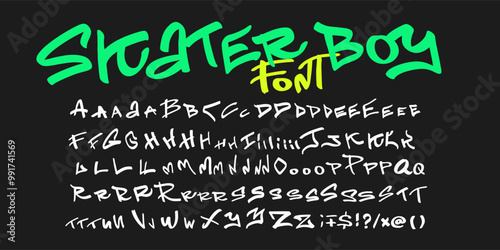 Youthful Skater boy font with skater quotes. Skate board sport typography, tee shirt graphics, vector letters set.