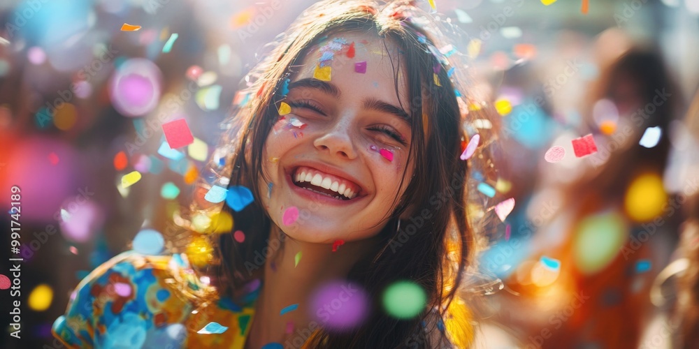 Joyous Celebration: Happy Woman Amid Confetti Joyous Celebration: Happy Woman Amid Confetti