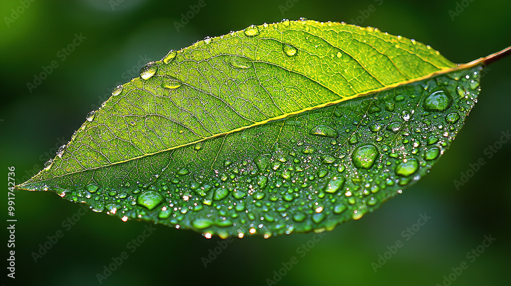 A high-resolution image of a green leaf, with water droplets on its tip against a solid green backdrop A high-resolution image of a green leaf, with water droplets on its tip against a solid green backdrop