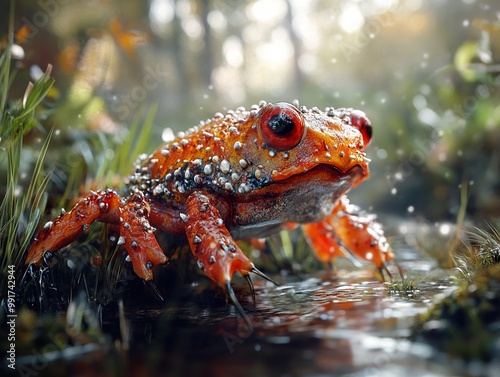 Red Frog in a Forest Stream - Wildlife Photography