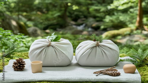 Natural Wellness Setup Featuring Herbal Bundles in a Serene Forest Setting During Daytime photo