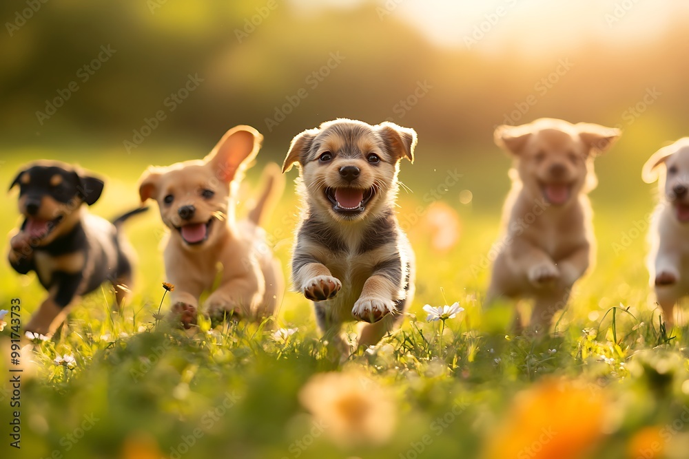 Group of puppies running through field at sunset Group of puppies running through field at sunset