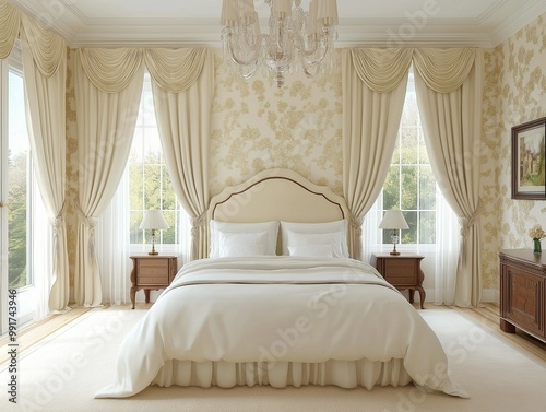 Elegant Beige Bedroom with Tall Drapes and Chandelier