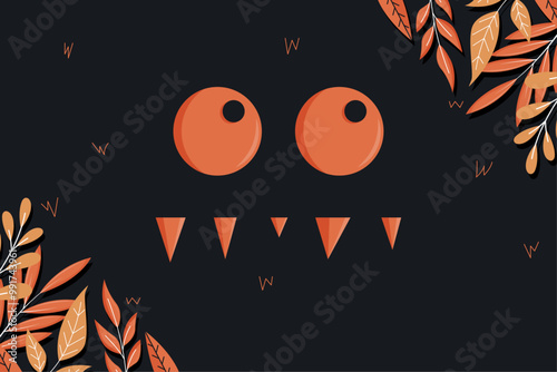Monstre mignon et marrant - Joyeux Halloween - Yeux et dents de monstre orange sur fond noir - Arrière-plan autour de la célébration d'Halloween - Illustration de feuilles oranges - Décor enfantin 